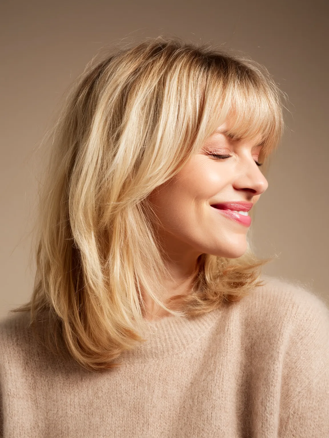 Soft Layered Cut with Flicked Ends in Sandy Blonde